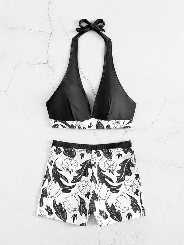 Women’s Bikini Set – Halter Top Deep V-Neck – High-Waisted Floral Shorts – Stretch Fit