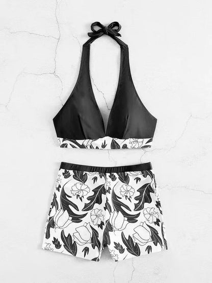 Women’s Bikini Set – Halter Top Deep V-Neck – High-Waisted Floral Shorts – Stretch Fit