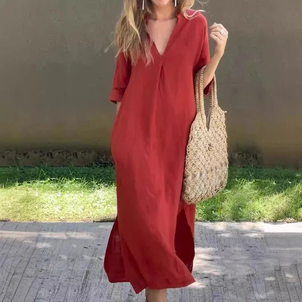 Women’s Maxi Dress – Relaxed Fit – V-Neck – Half Sleeve – Cotton