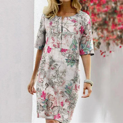 Women’s Shift Dress – Tropical Floral Print – Relaxed Fit – Cotton Blend – Knee Length