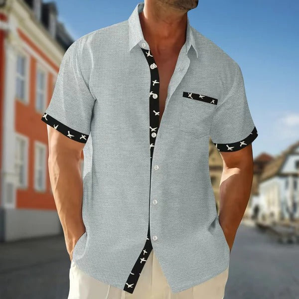 Men’s Short Sleeve Shirt – Cotton – Regular Fit – Patterned Trim – Button Front