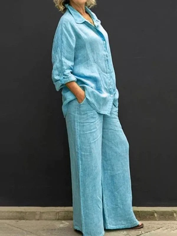 Women’s Linen Set – Relaxed Fit Button-Up Top – Wide-Leg Trousers – Casual Style