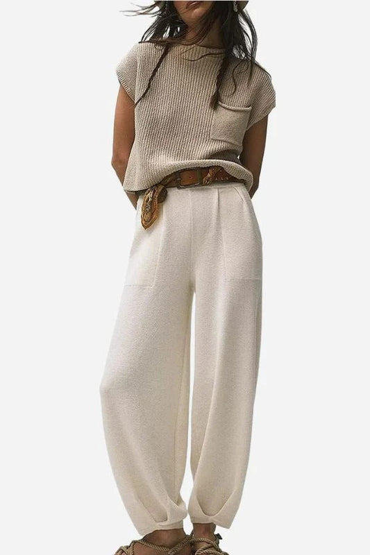 Women’s Two-Piece Set – Ribbed Knit Sleeveless Top – Wide-Leg Trouser