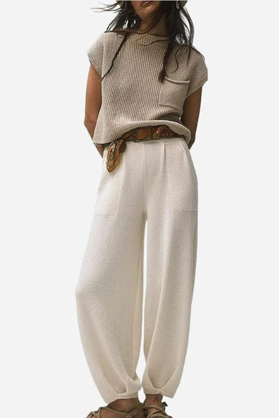 Women’s Two-Piece Set – Ribbed Knit Sleeveless Top – Wide-Leg Trouser