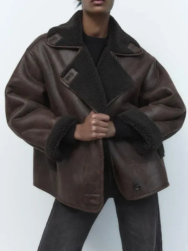 Women’s Leather Jacket – Oversized Fit – Shearling Trim – Hip Length Retro Style