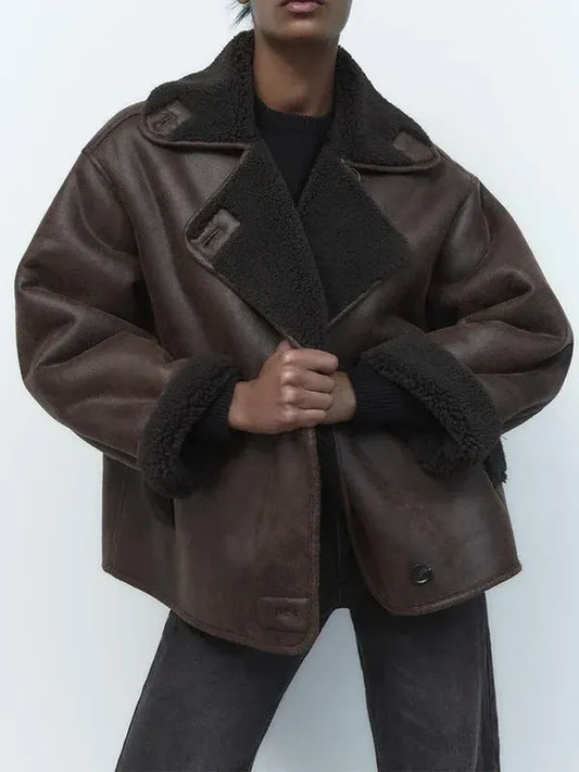 Women’s Leather Jacket – Oversized Fit – Shearling Trim – Hip Length Retro Style