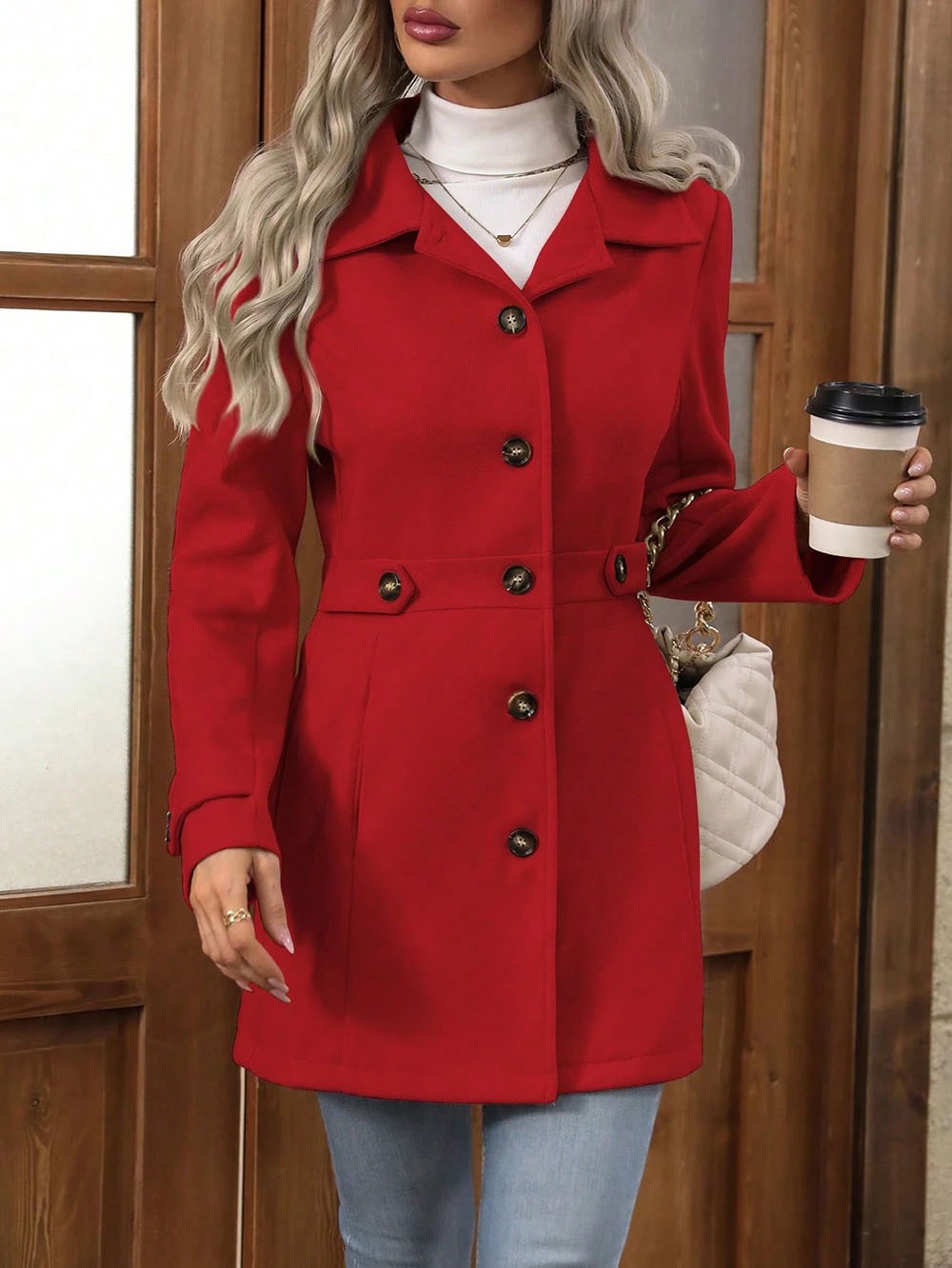 Women’s Wool Coat – Slim Fit – Lapel Collar – Button Front – Tailored Silhouette