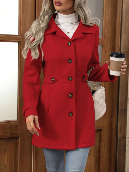 Women’s Wool Coat – Slim Fit – Lapel Collar – Button Front – Tailored Silhouette
