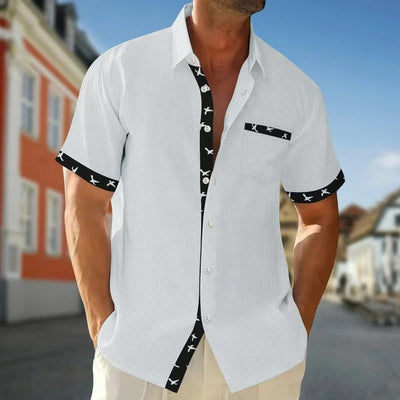 Men’s Short Sleeve Shirt – Cotton – Regular Fit – Patterned Trim – Button Front
