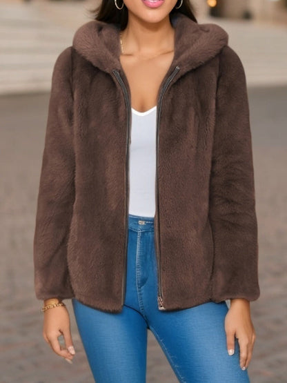 Women’s Zip-Up Jacket – Faux Fur – Sherpa Lined – Hooded – Relaxed Fit