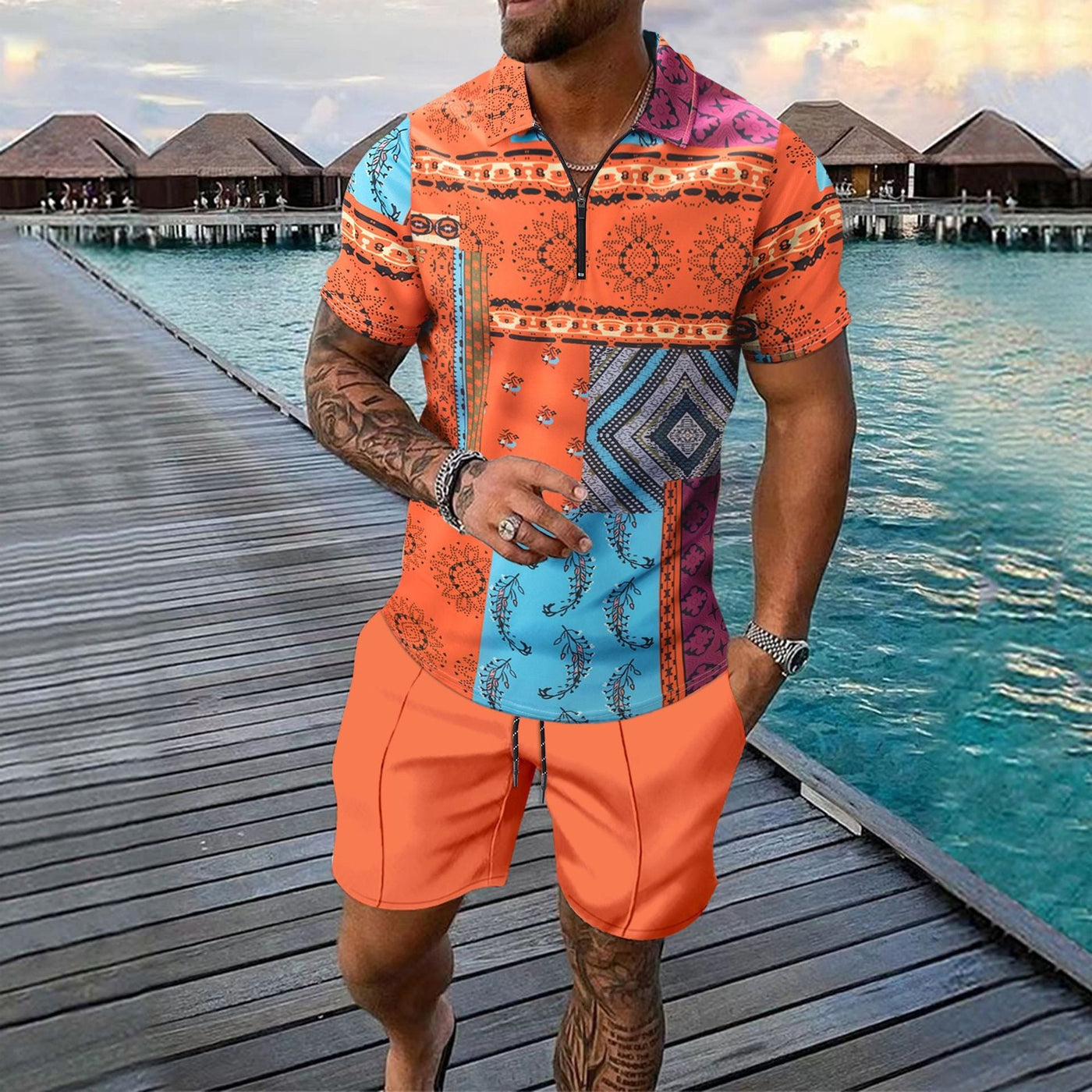 Men’s Casual Set – Slim Fit Zip Polo Shirt & Shorts – Digital Print