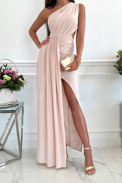 Women’s Maxi Dress – One Shoulder – Draped Bodice – Cut-Out Waist – Side Slit Fit