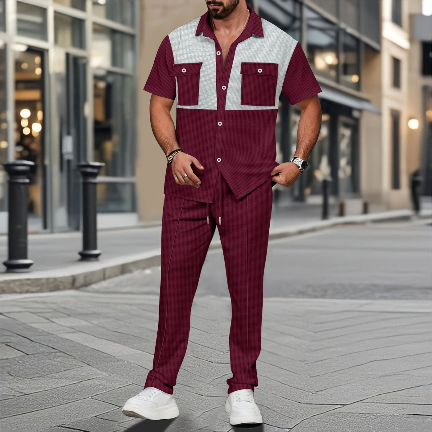 Men’s Two-Piece Set – Waffle Knit – Relaxed Fit Shirt and Drawstring Tapered Pants