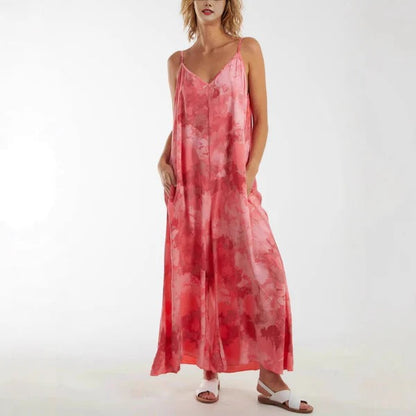 Women’s Maxi Dress – Flowing Fit – Deep V-Neck – Adjustable Straps – Breathable Blend