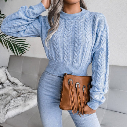 Women’s Crop Sweater – Wool Cable Knit – Crew Neck – Ribbed Hem – Long Sleeve Fit