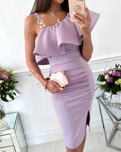 Women’s Midi Dress – Satin Look – Slim Fit – Ruffle Bust – Embellished Straps – Side Slit