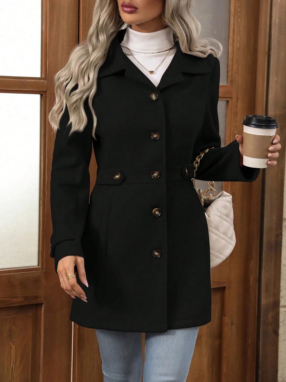 Women’s Wool Coat – Slim Fit – Lapel Collar – Button Front – Tailored Silhouette