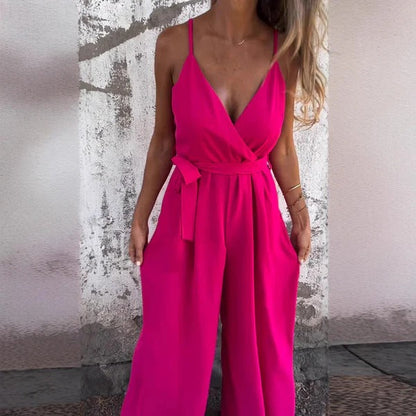 Women’s Wrap Jumpsuit – Relaxed Fit – Wide Leg – Sleeveless – Breathable Blend