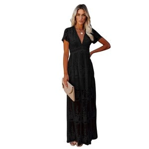 Women’s Maxi Dress – Embroidered – V-Neck – Short Sleeve – Flowing Elegant Fit
