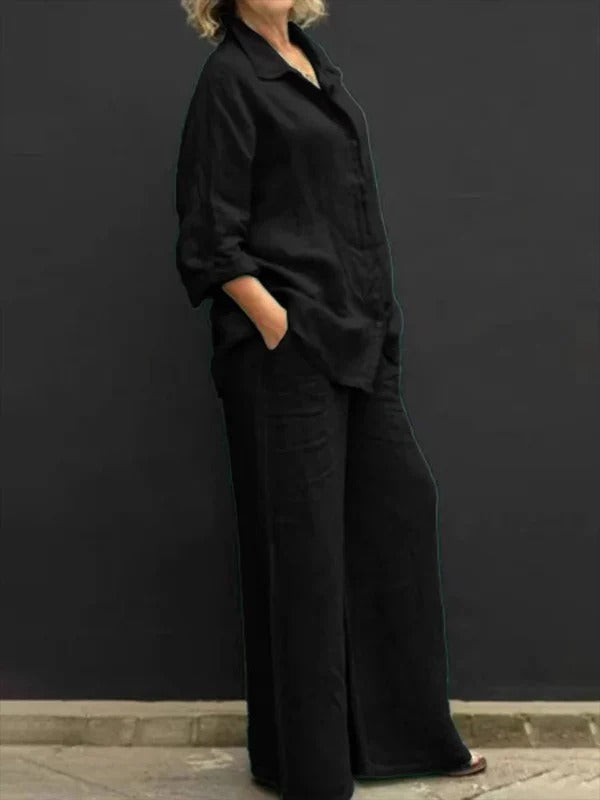 Women’s Linen Set – Relaxed Fit Button-Up Top – Wide-Leg Trousers – Casual Style