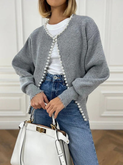 Women’s Cardigan – Knit Fabric – Relaxed Fit – Pearl Trim – Distressed Hem – Open Front
