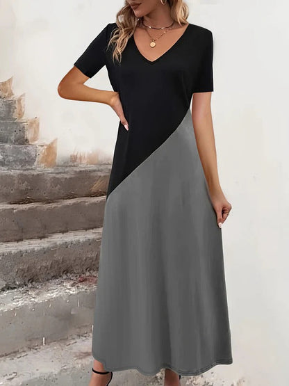 Women’s Maxi Dress – Cotton Blend – Fitted Bodice – V-Neck – Color Block – Short Sleeve