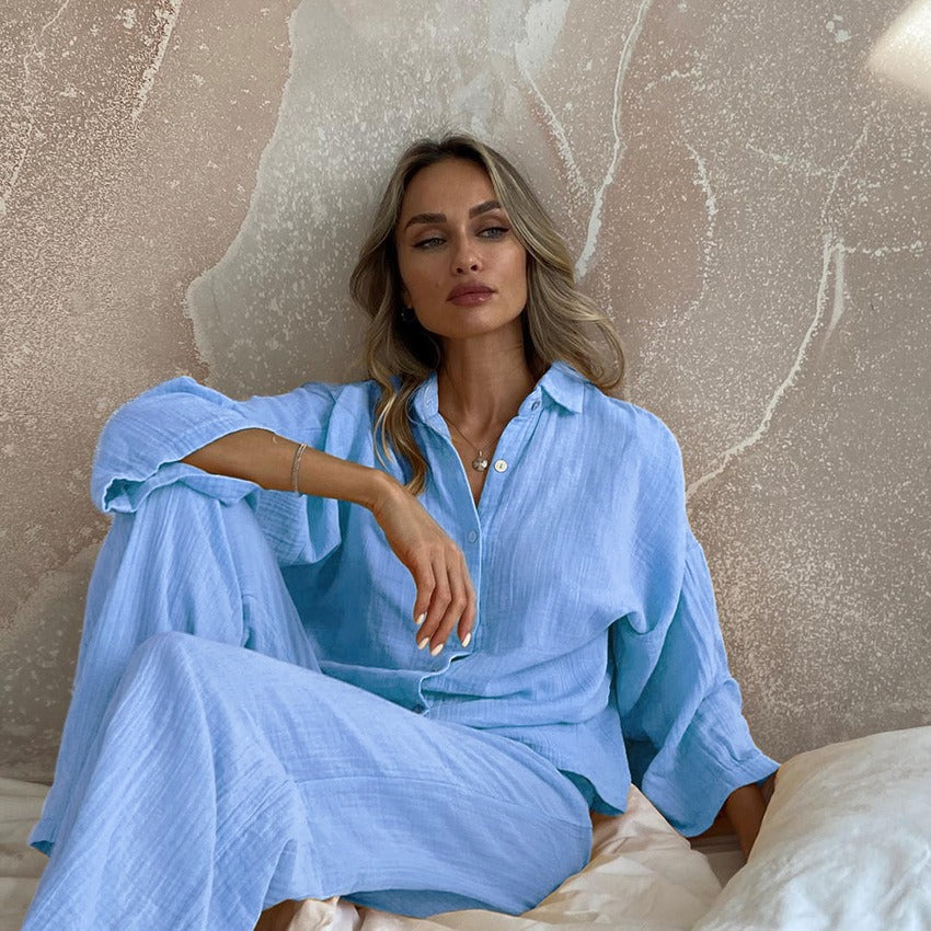 Women’s Lounge Set – Gauze Fabric – Oversized Fit – Button-Down Top – Wide-Leg Trousers
