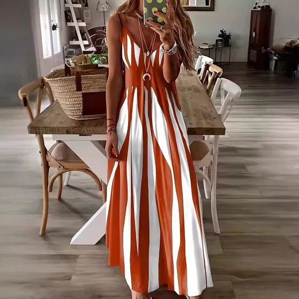 Women’s Maxi Dress – Flowing Fit – Sleeveless – V-Neck – Vertical Stripe – Lightweight Fabric