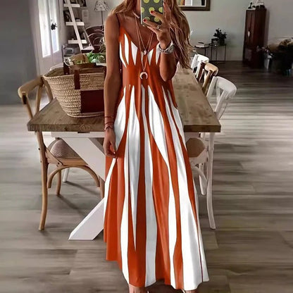Women’s Maxi Dress – Flowing Fit – Sleeveless – V-Neck – Vertical Stripe – Lightweight Fabric