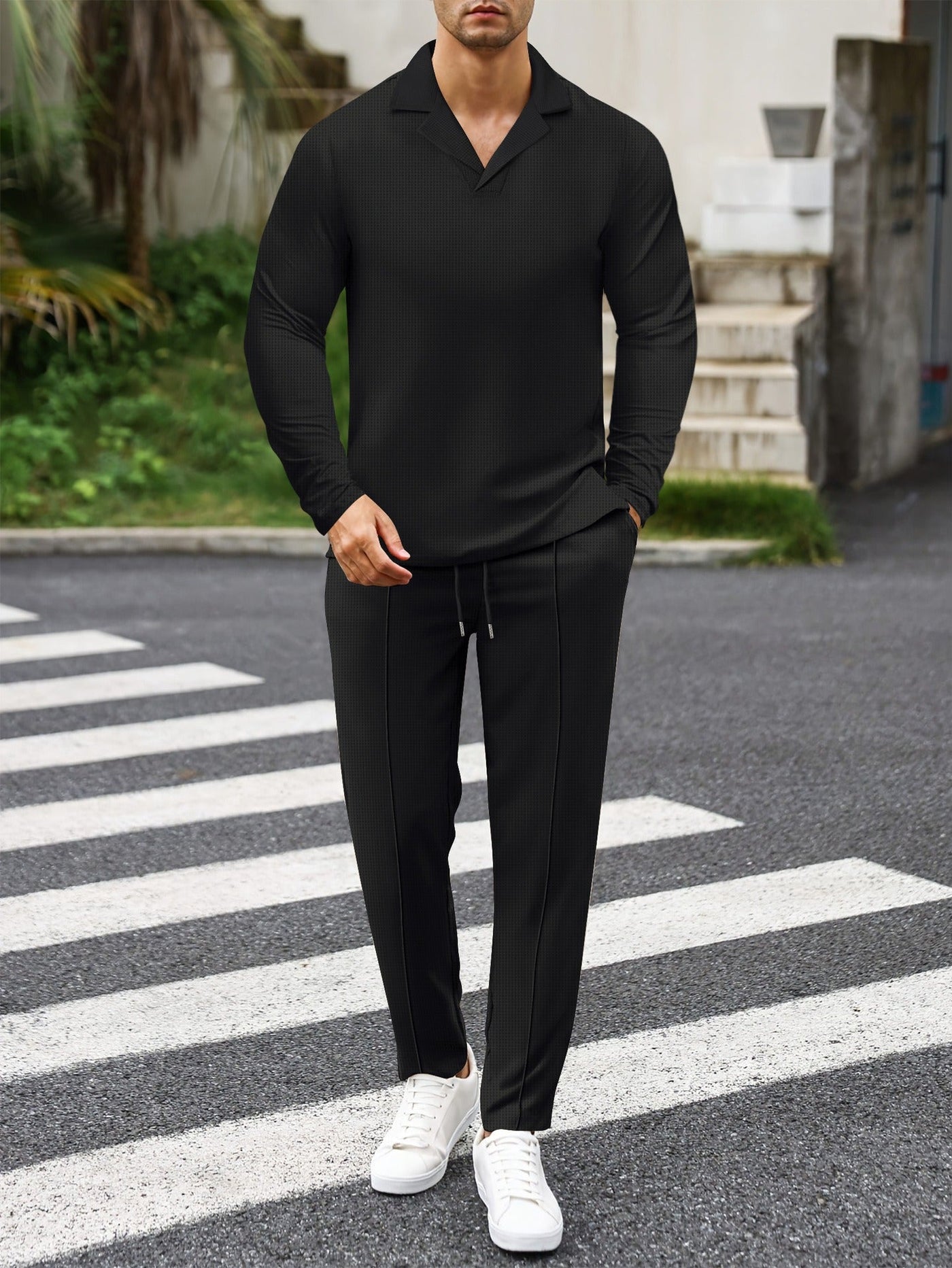 Men’s Loungewear Set – Waffle Knit – Slim Fit – Suit Collar Top – Drawstring Pants