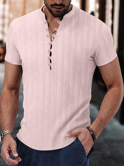Men’s Henley Shirt – Slim Fit – Jacquard Knit – Short Sleeve Casual Style