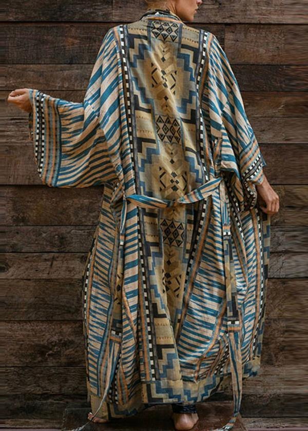 Women’s Bohemian Dress – Geometric Print – Kimono Sleeve – Belted Waist – Full Length – Cotton