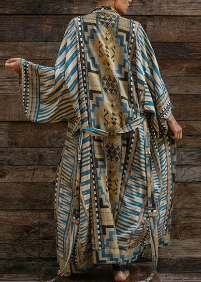 Women’s Bohemian Dress – Geometric Print – Kimono Sleeve – Belted Waist – Full Length – Cotton