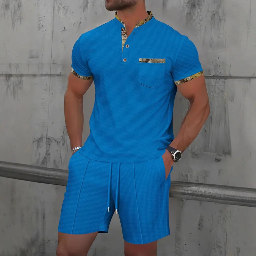 Men’s Casual Set – Slim Fit – Cotton – Button Placket – Patterned Trim – Drawstring Shorts