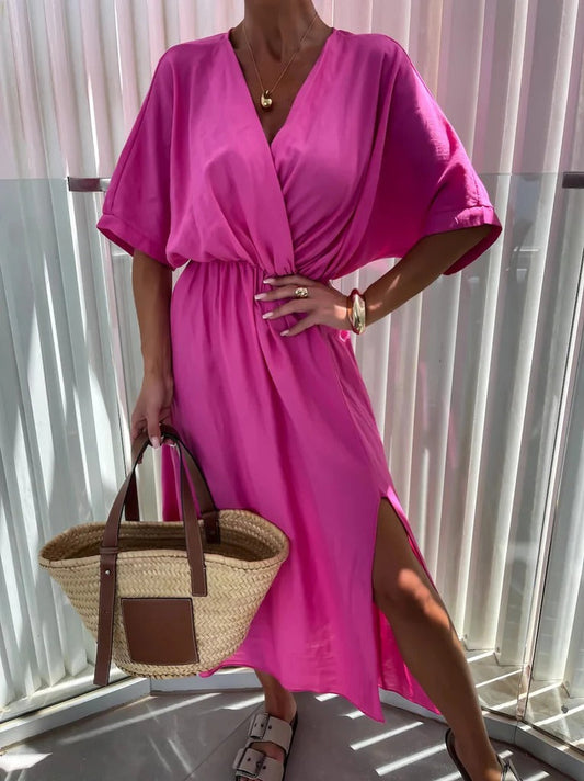 Women’s Maxi Dress – Relaxed Fit – Wrap Front – V-Neck – Short Sleeve – Side Slits