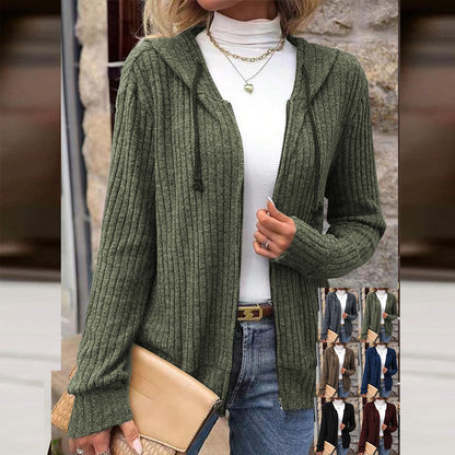 Women’s Knit Sweater – Relaxed Fit – Ribbed Texture – Zip Front – Hooded – Long Sleeve
