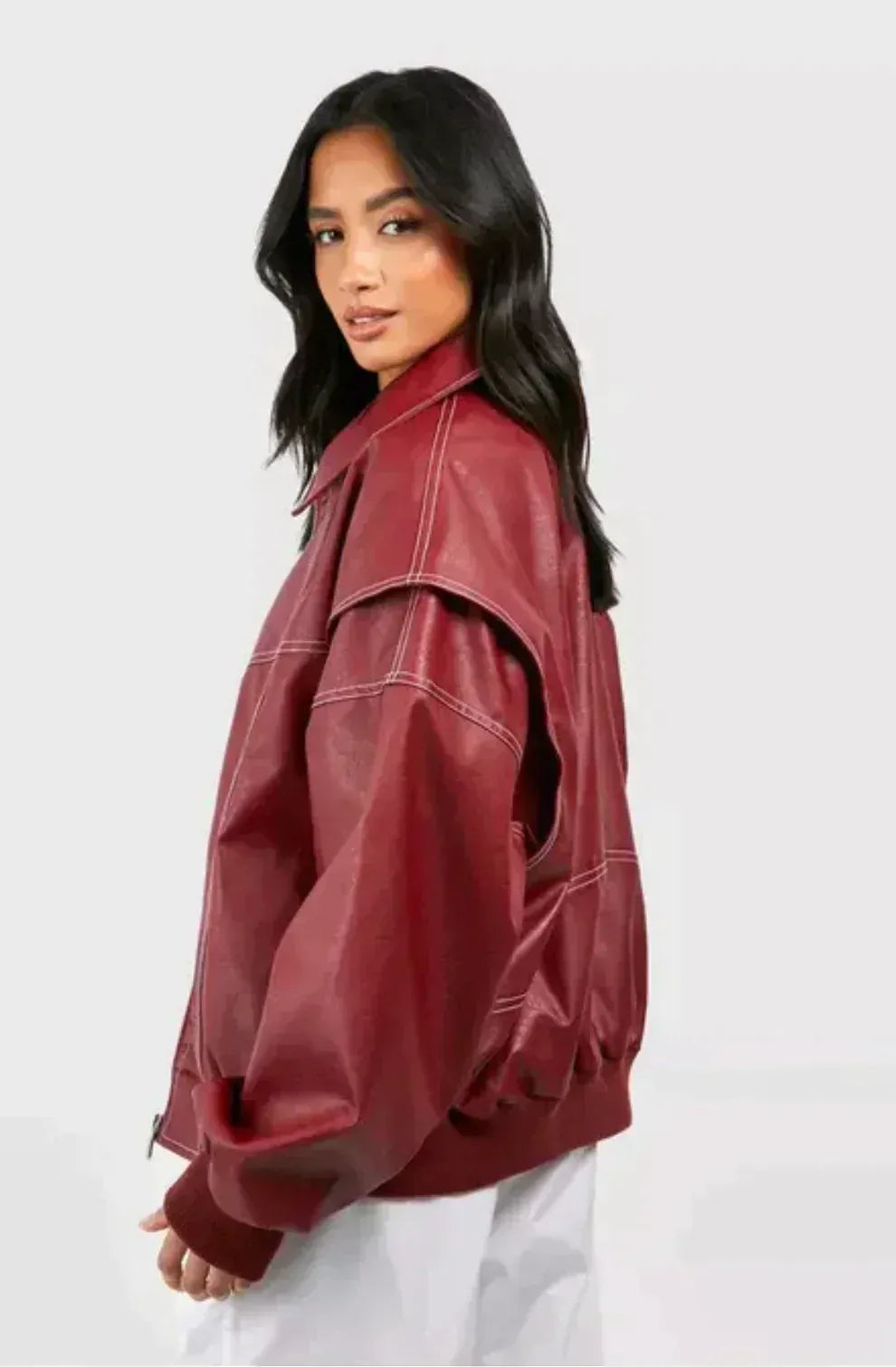 Women’s Leather Jacket – Oversized Fit – Ribbed Cuffs – Zip Front – Hip Length