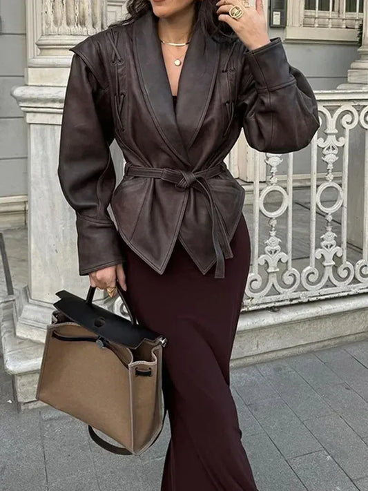 Women’s Leather Coat – Tailored Fit – Waist Belt – Structured Shoulders – Lacing Detail
