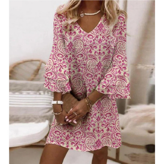 Women’s Mini Dress – Relaxed Fit – V-Neck – Flared Three-Quarter Sleeve – Breathable Blend