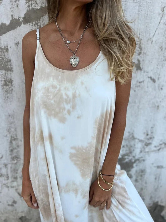 Women’s Maxi Dress – Relaxed Flowing Fit – Scoop Neck – Spaghetti Straps – Tie-Dye Look