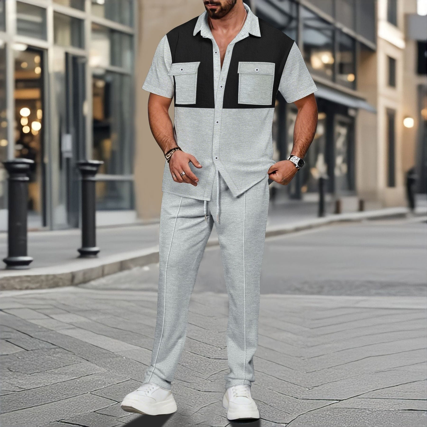 Men’s Two-Piece Set – Waffle Knit – Relaxed Fit Shirt and Drawstring Tapered Pants