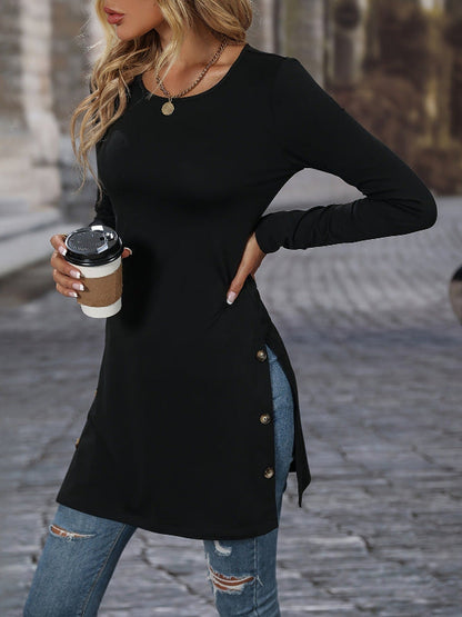 Women’s Long Sleeve Dress – Slim Fit – Round Neck – Side Slit with Button Detail