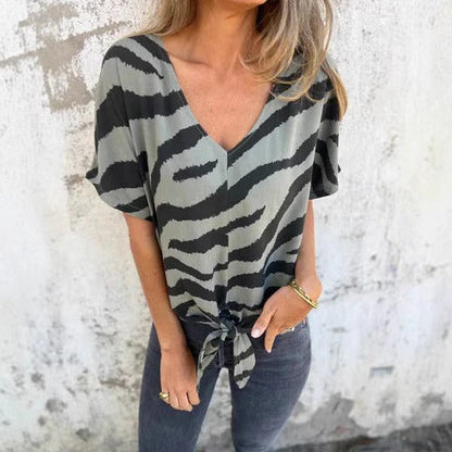 Women’s Blouse – Relaxed Fit – Tie-Front Waist – V-Neck – Short Sleeve – Breathable Blend