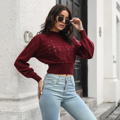 Women’s Knitted Sweater – Cropped Fit – Crochet Detail – Long Sleeve – Crew Neck