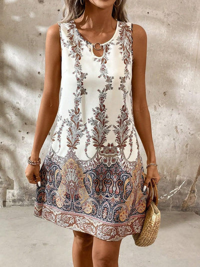 Women’s Sleeveless Dress – Floral Print – Keyhole Neckline – A-Line Relaxed Fit – Cotton