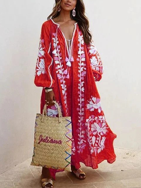 Women’s Kaftan Dress – Floral Embroidered – Relaxed Fit – Cotton Feel – Full Length