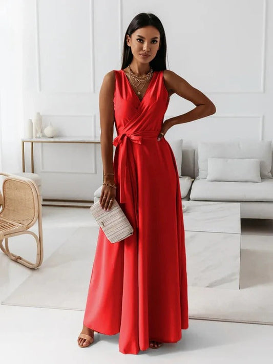 Women’s Maxi Dress – Luxury Fabric – V-Neck – Tie Waist – Sleeveless Elegant Fit