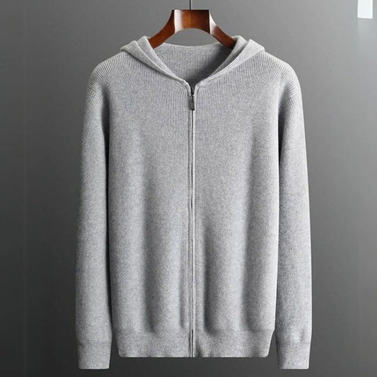 Men’s Zip Hoodie – Wool Blend Knit – Relaxed Fit – Ribbed Hem and Cuffs