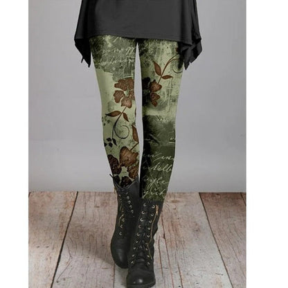 Women’s Leggings – Slim Fit – Stretch Fabric – Vintage Floral Print – Full Length Casual