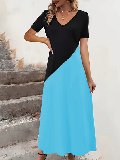 Women’s Maxi Dress – Cotton Blend – Fitted Bodice – V-Neck – Color Block – Short Sleeve